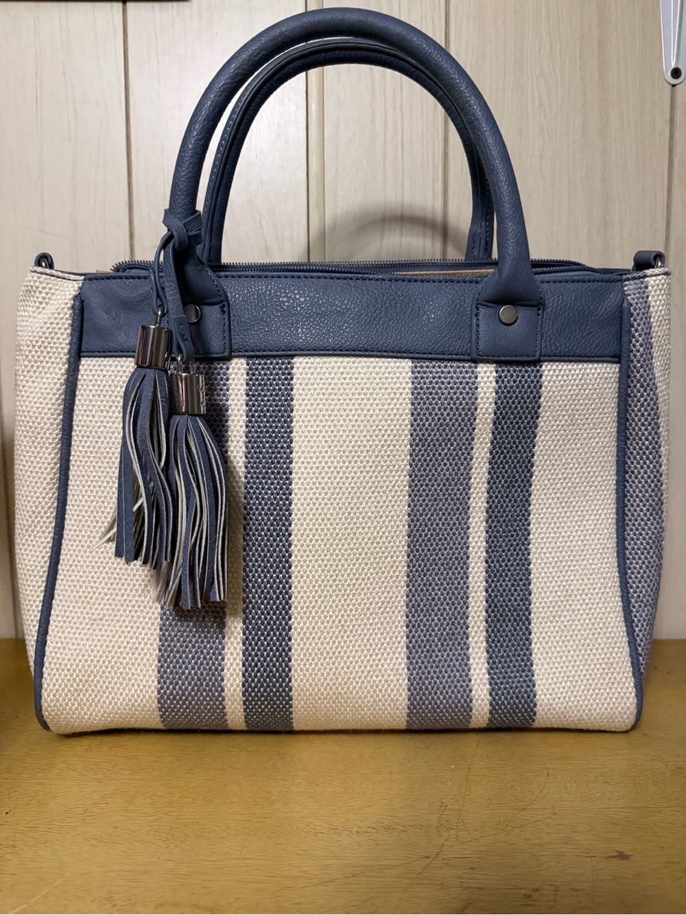 JustFab Striped Woven Blue & Cream Tote Bag with Tassel